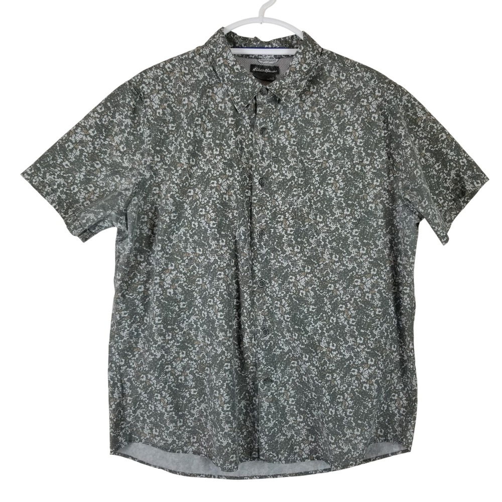 Eddie Bauer Button Down Shirt Mens L Green Floral Short Sleeve EM12SW231